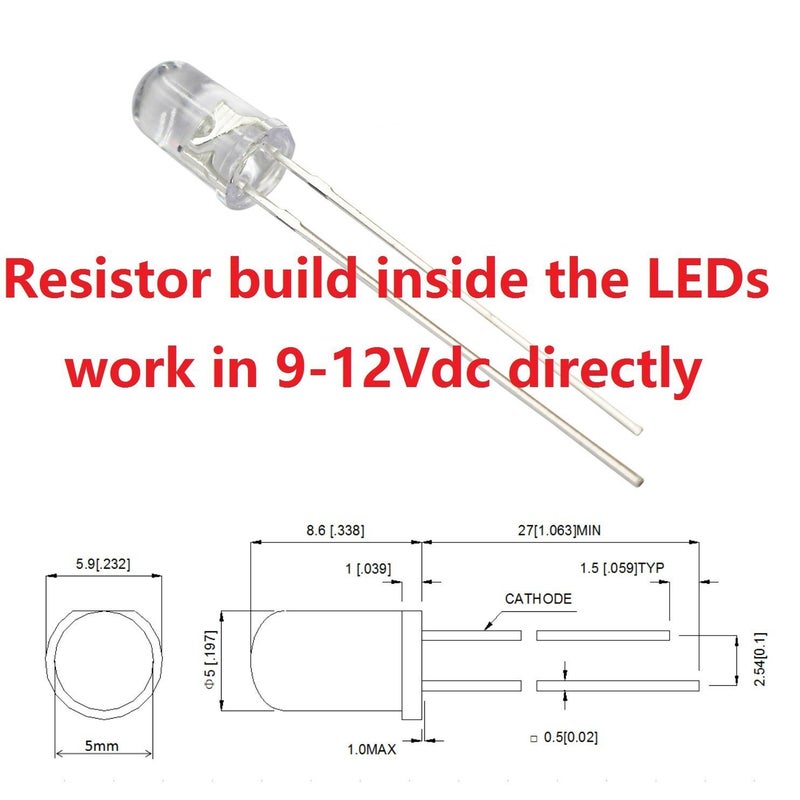 Bowerful 100pcs 12V 5mm Blue LED Built-in Resistor 9V Gauge Cluster Instrument Light Emitting diodes - Image 2
